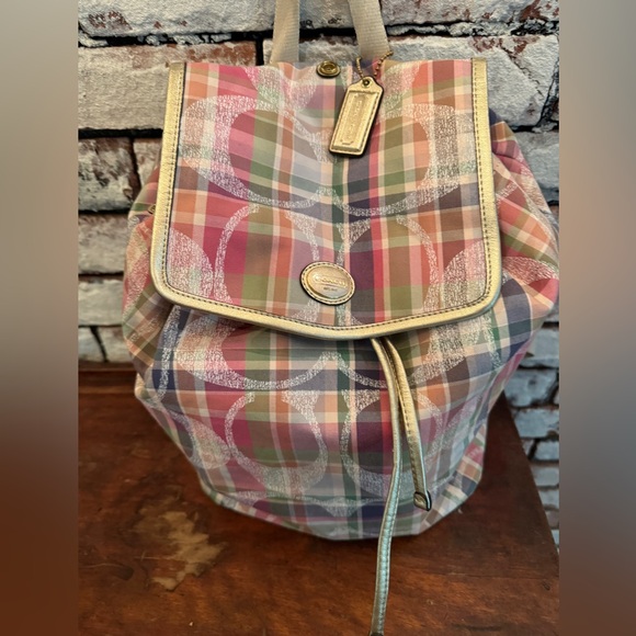 Retired Coach Spring Poppy Daisy Madras Backpack Plaid DayBag Handbag EUC - Picture 1 of 7